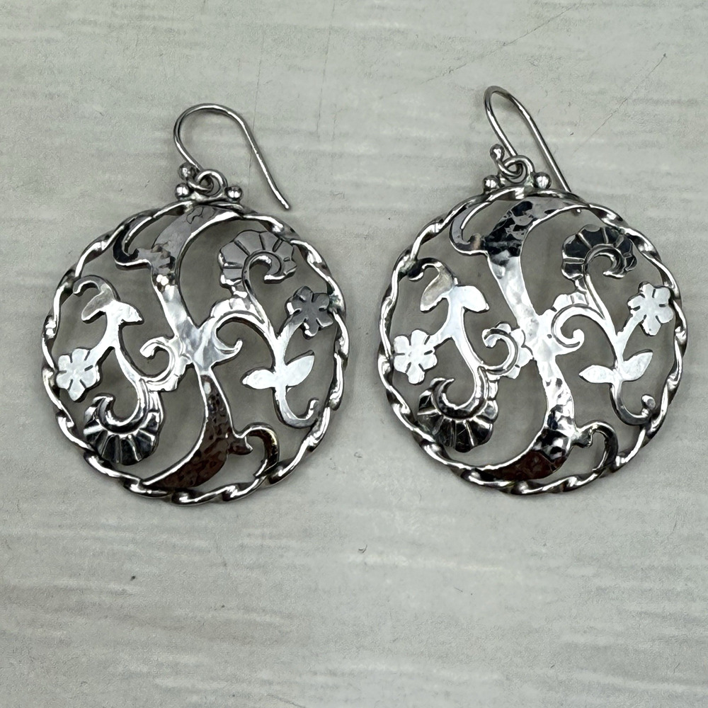 ATI Mexico Sterling Silver 925 Hammered Floral Cut Out Round Earrings 12.9g